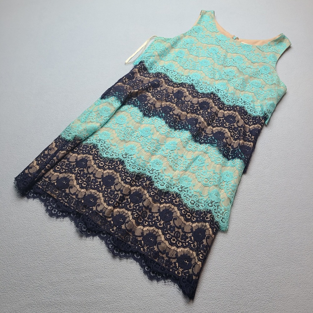 Jessica Simpson Lace Shift Dress Women 12 Turquoise Navy Excellent Tiered Tiered